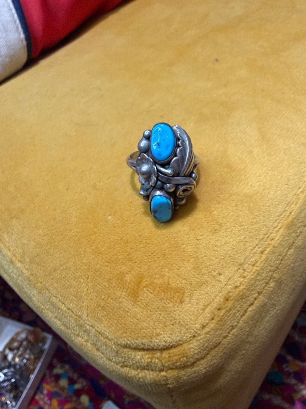 Vintage Turquoise Double-Stone Silver Floral Ring - Blue
